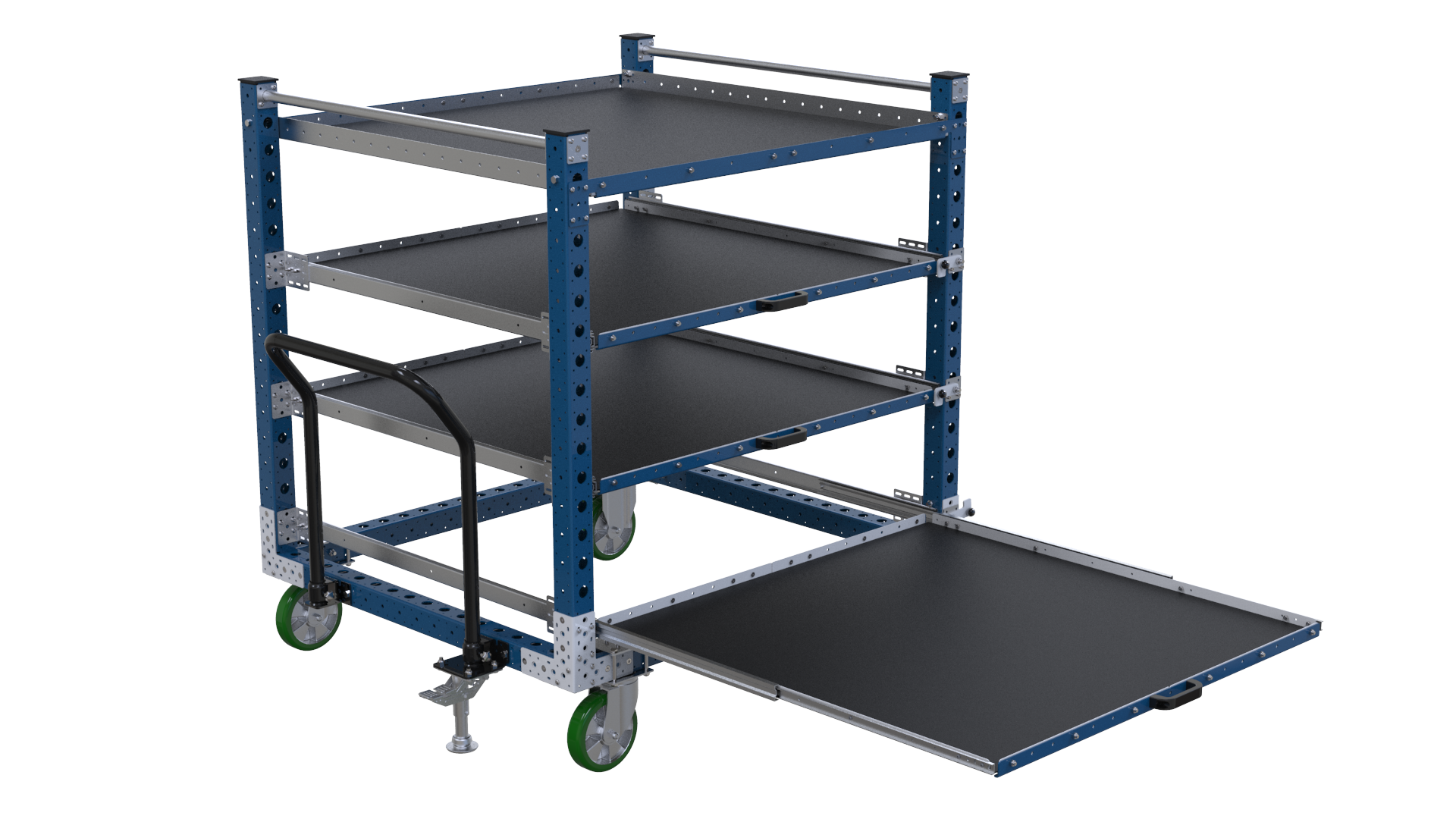 Extendable shelf push cart for transportation of totes/bins/boxes or loose components.