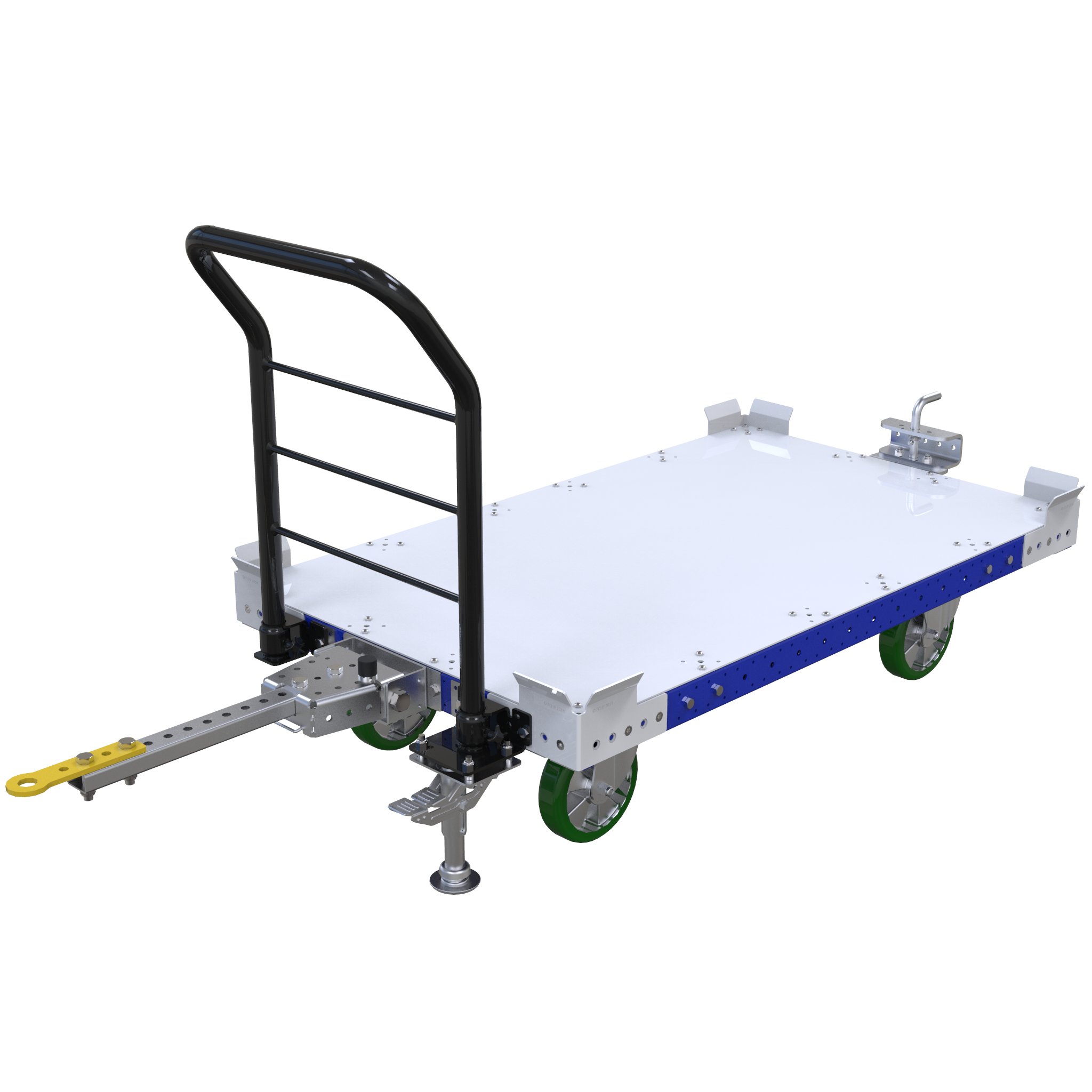 Tuggable flatbed pallet/container cart.