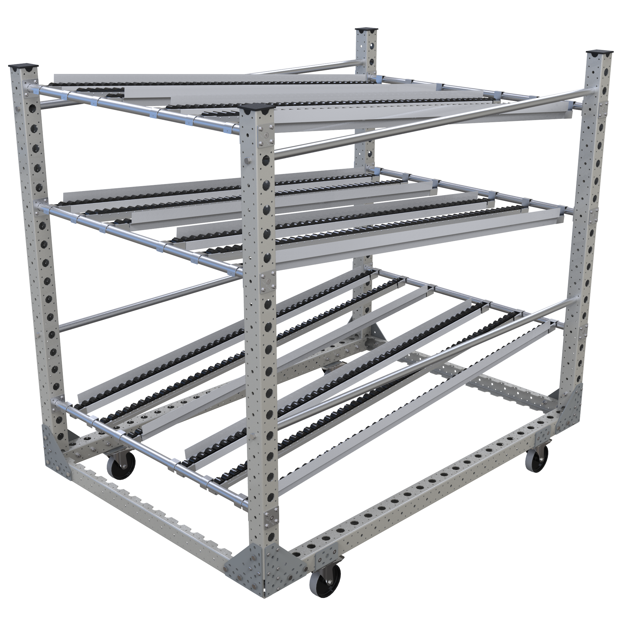 Three-level flow rack, two levels for material presentation, and one returning. 