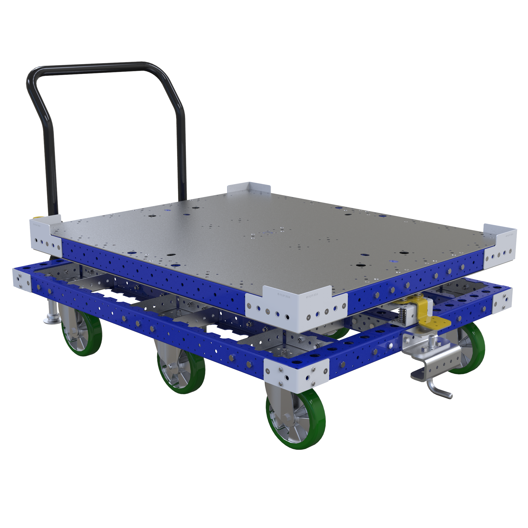 Tugger pallet cart equipped with a rotating deck that can be locked in 90-degree increments.