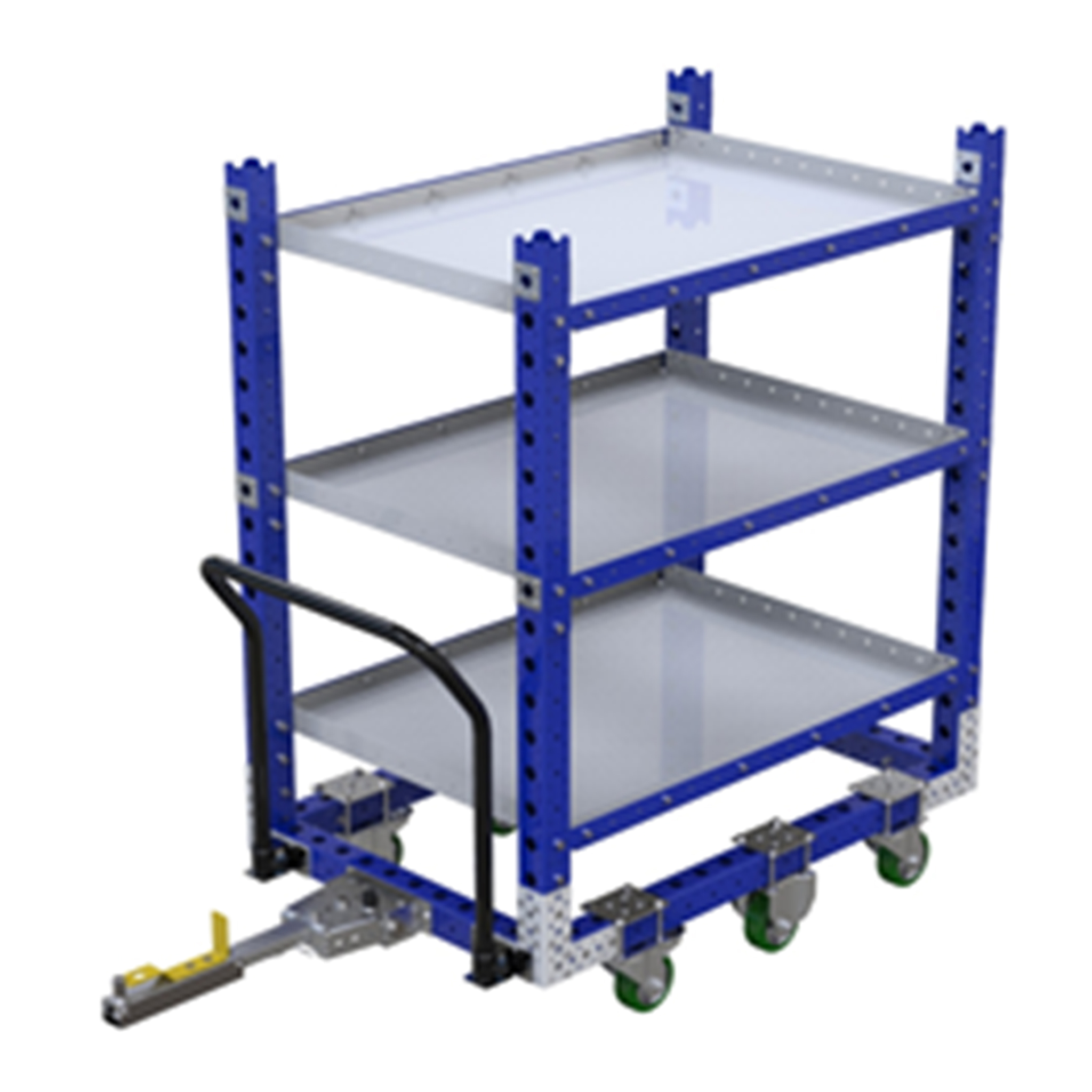 A flat shelf cart with three shelves, a handlebar, and added tow bar.
