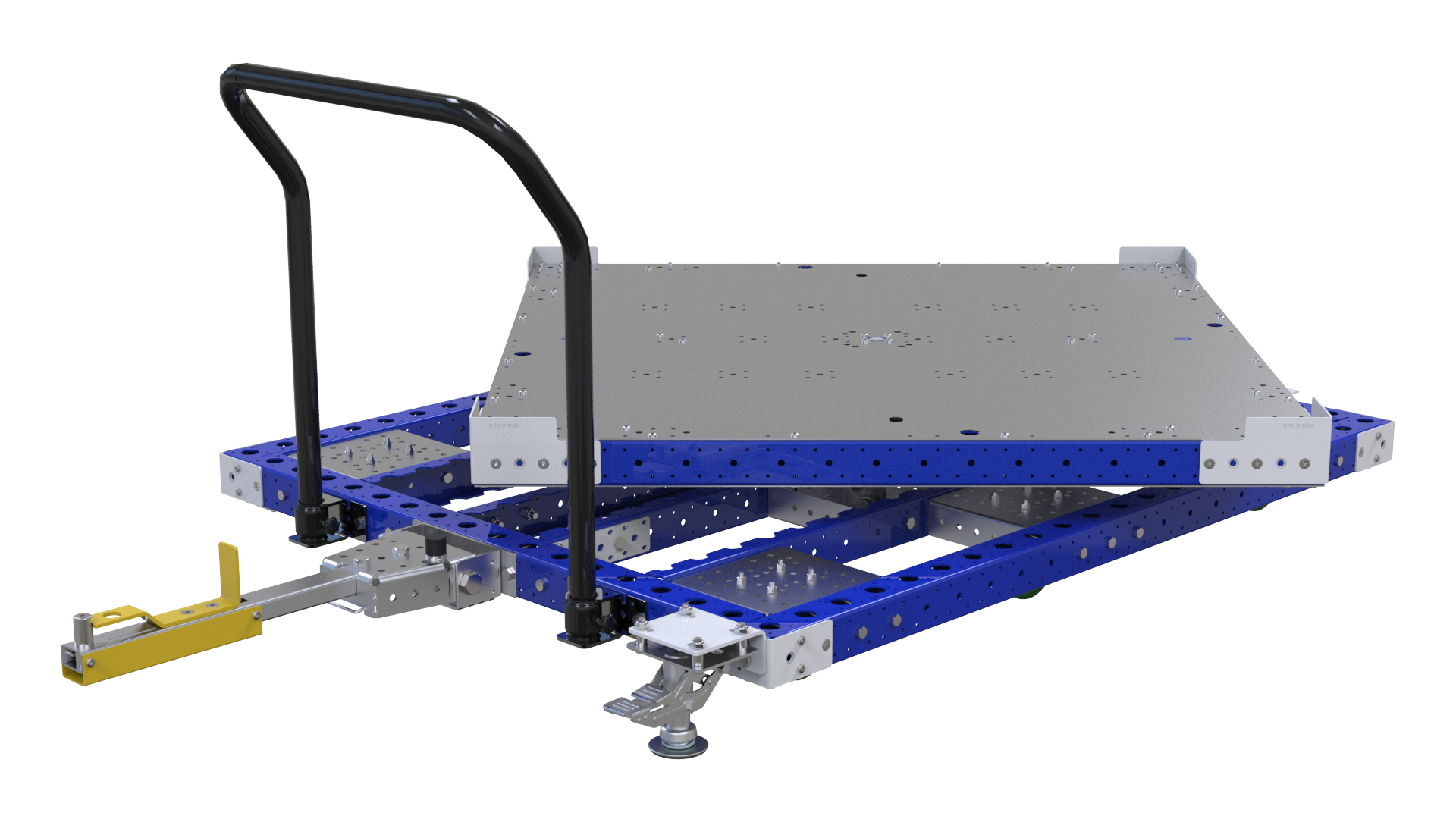 This pallet push cart comes equipped with a rotating platform.