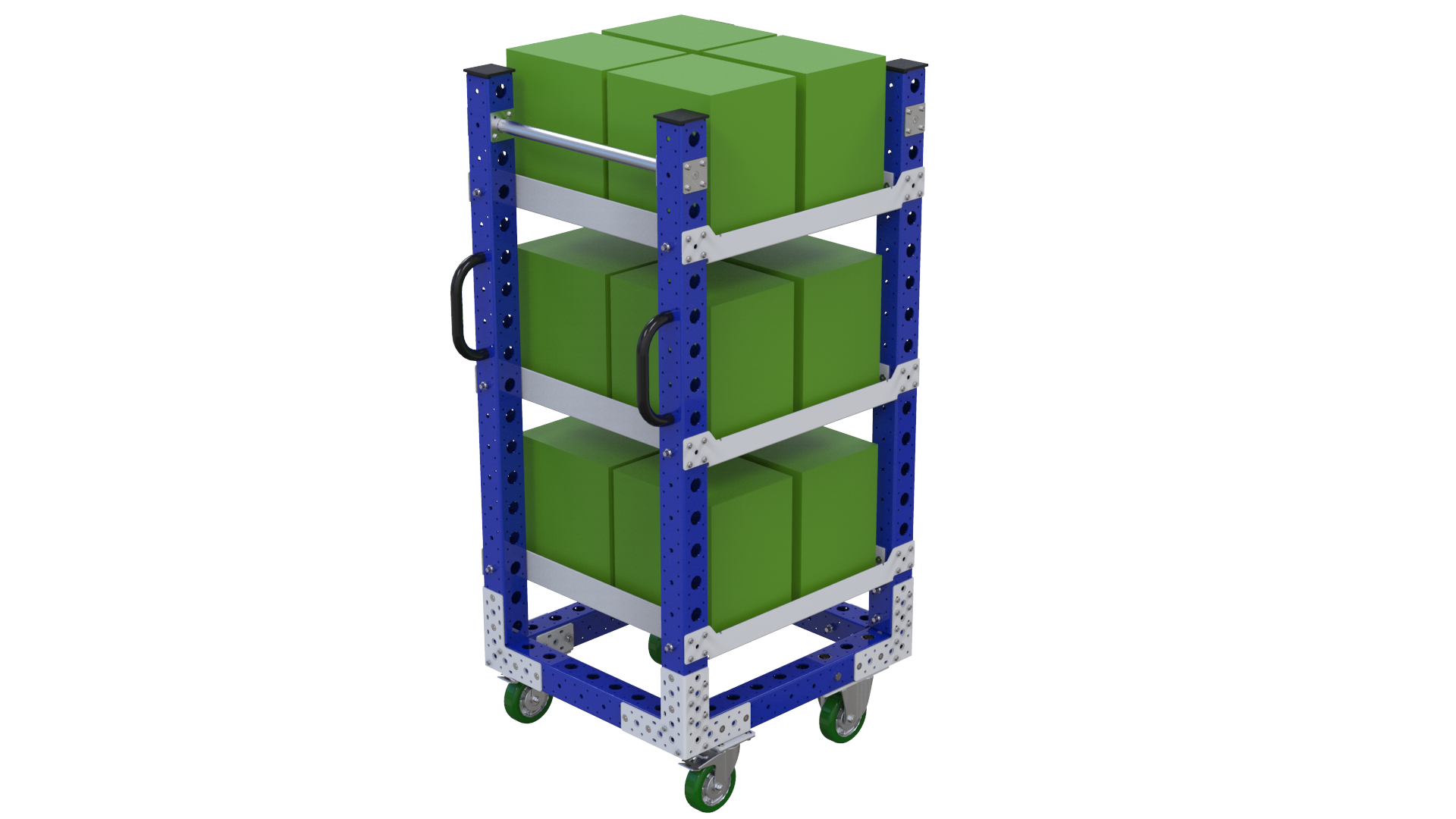 Three-level flat shelf push cart, most commonly used for transportation of totes/bins/boxes or loose components.