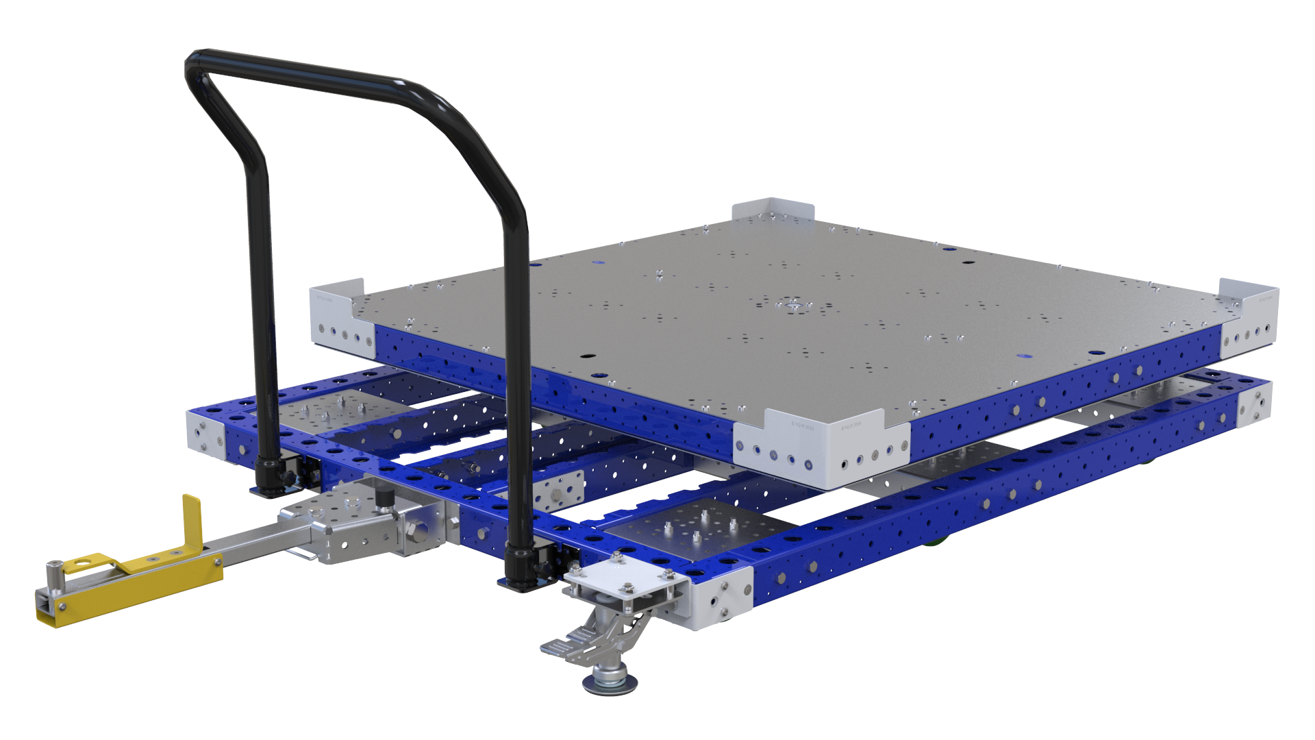 This pallet push cart comes equipped with a rotating platform.