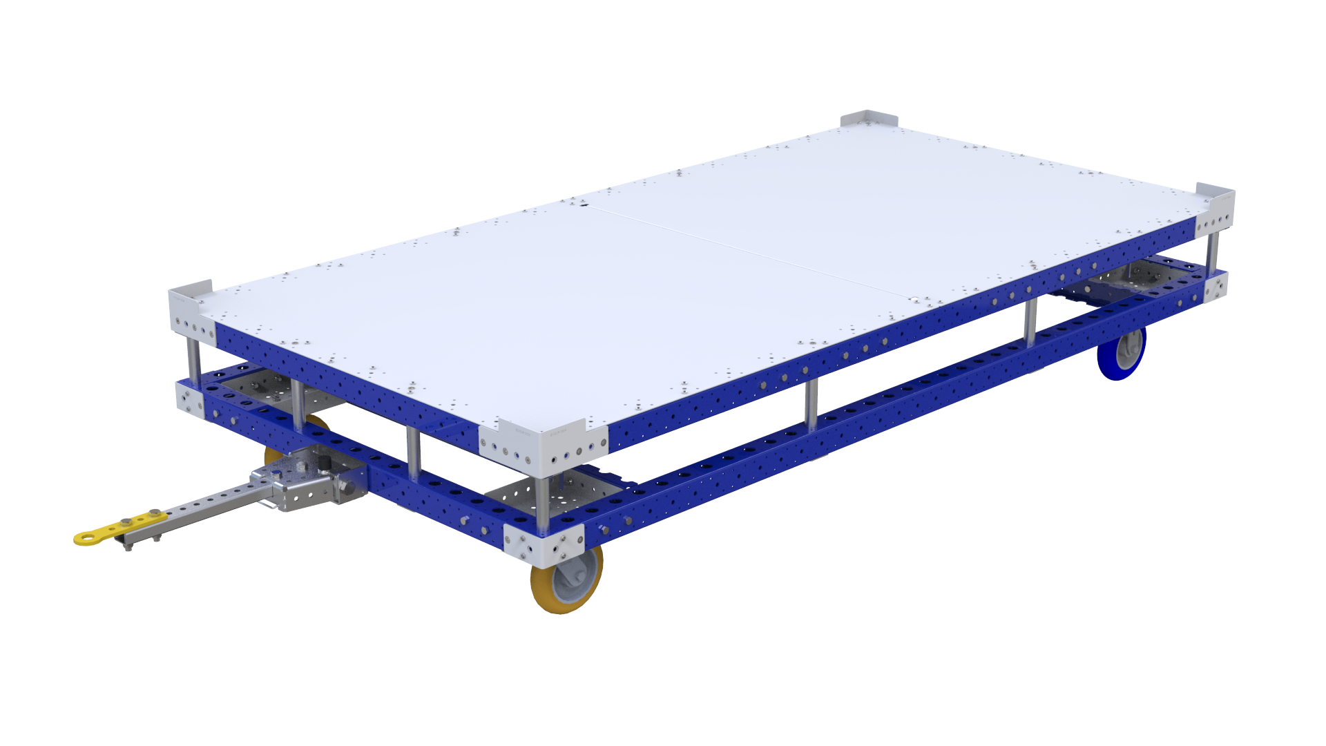A larger pallet tugger cart to transport heavy containers and pallets. 