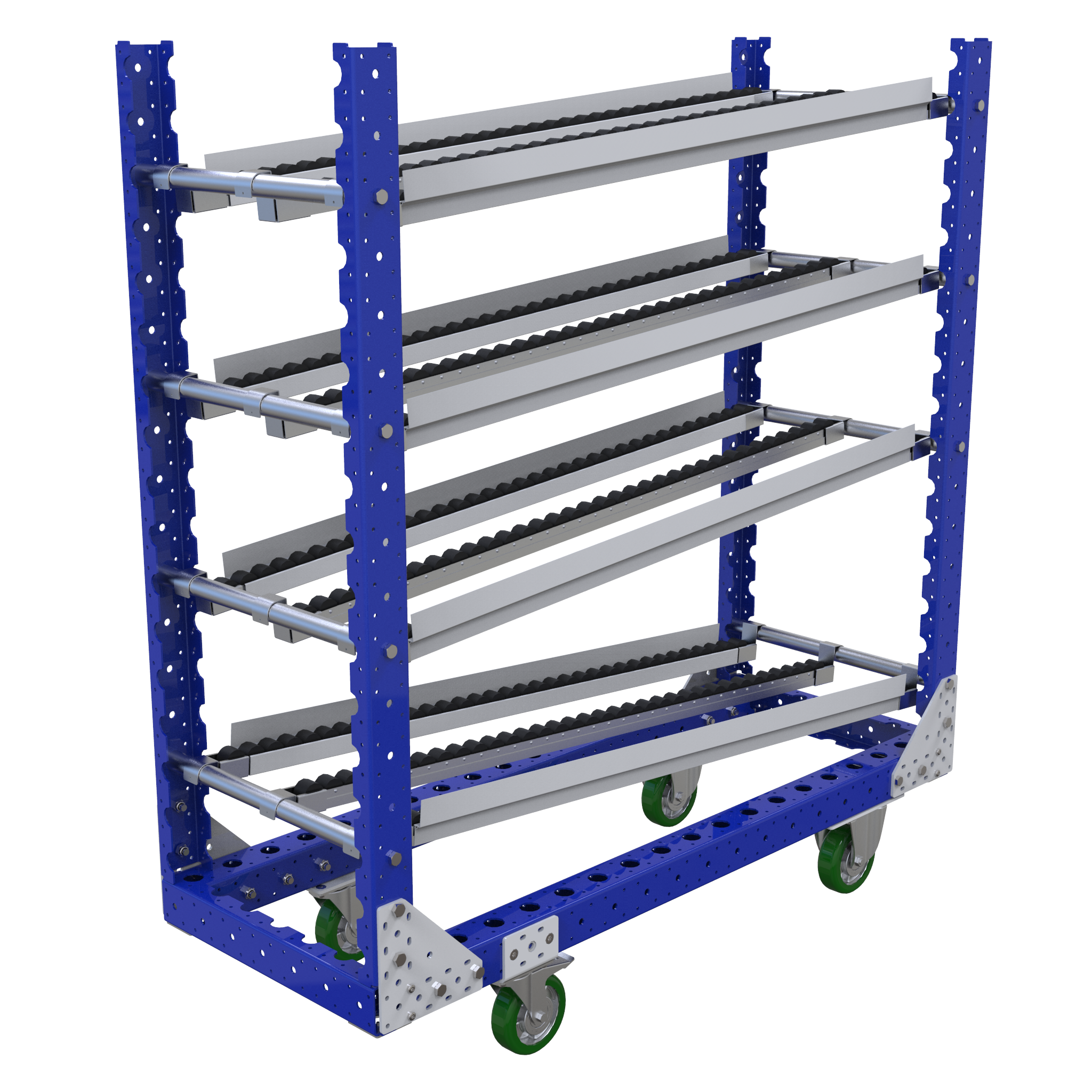 Moveable flow rack with four delivery level and one return level.