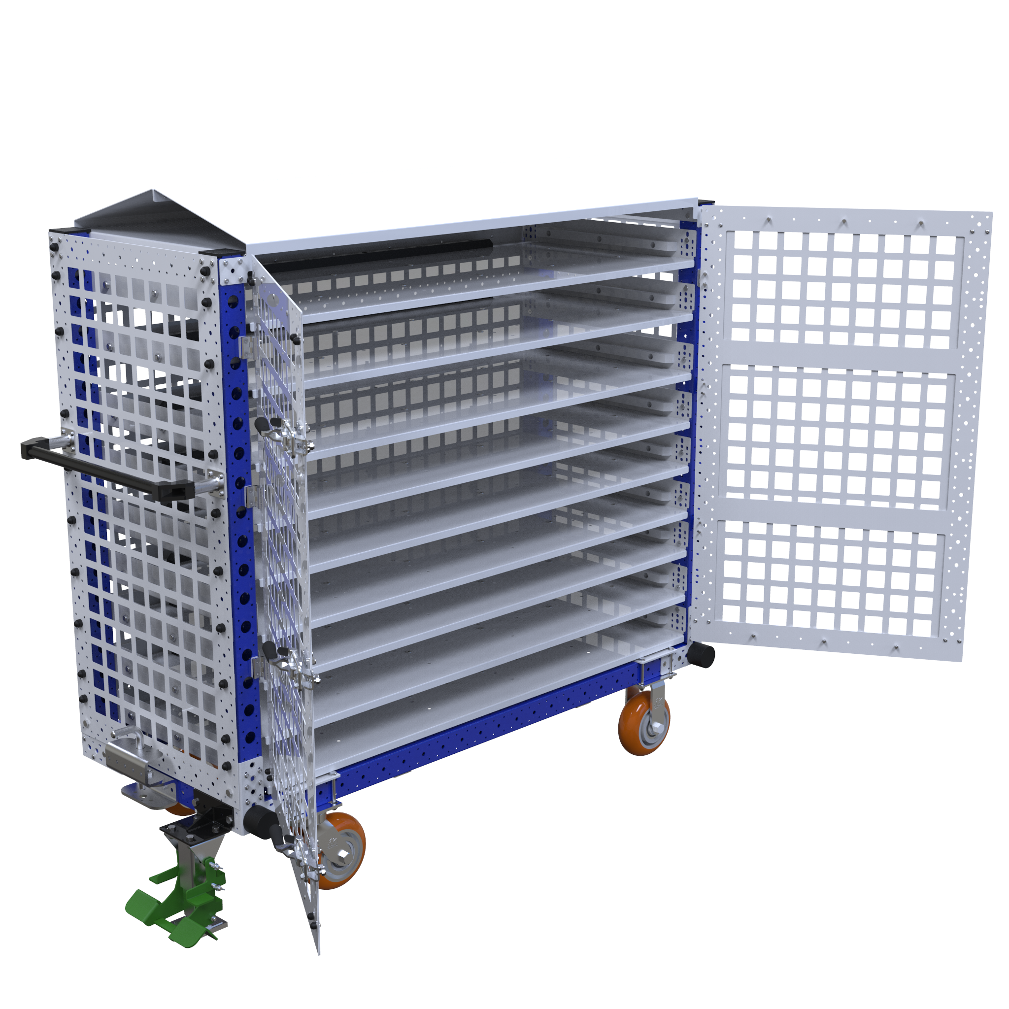 Kit cart customized with nine flat shelves, a handlebar, a floor friction brake, and four polyurethane casters.
