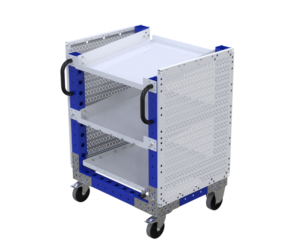 Tool carts with peg boards, angled shelves and extendable drawer
