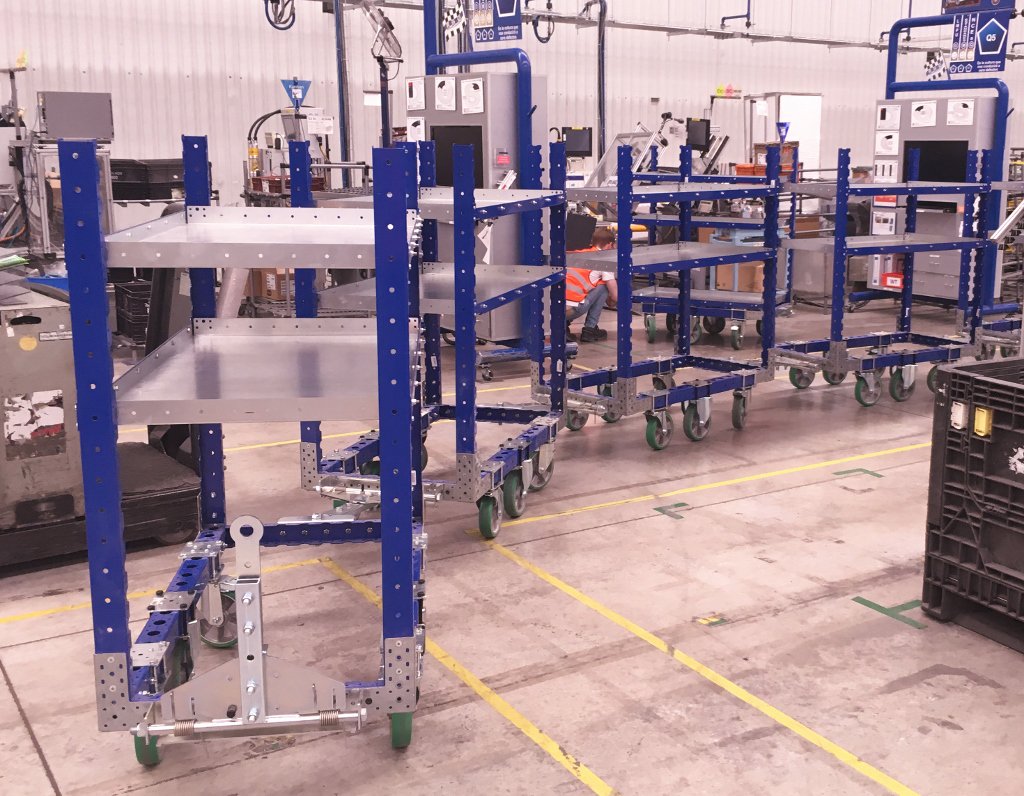 FlexQube shelf cart tugger train at Autoliv