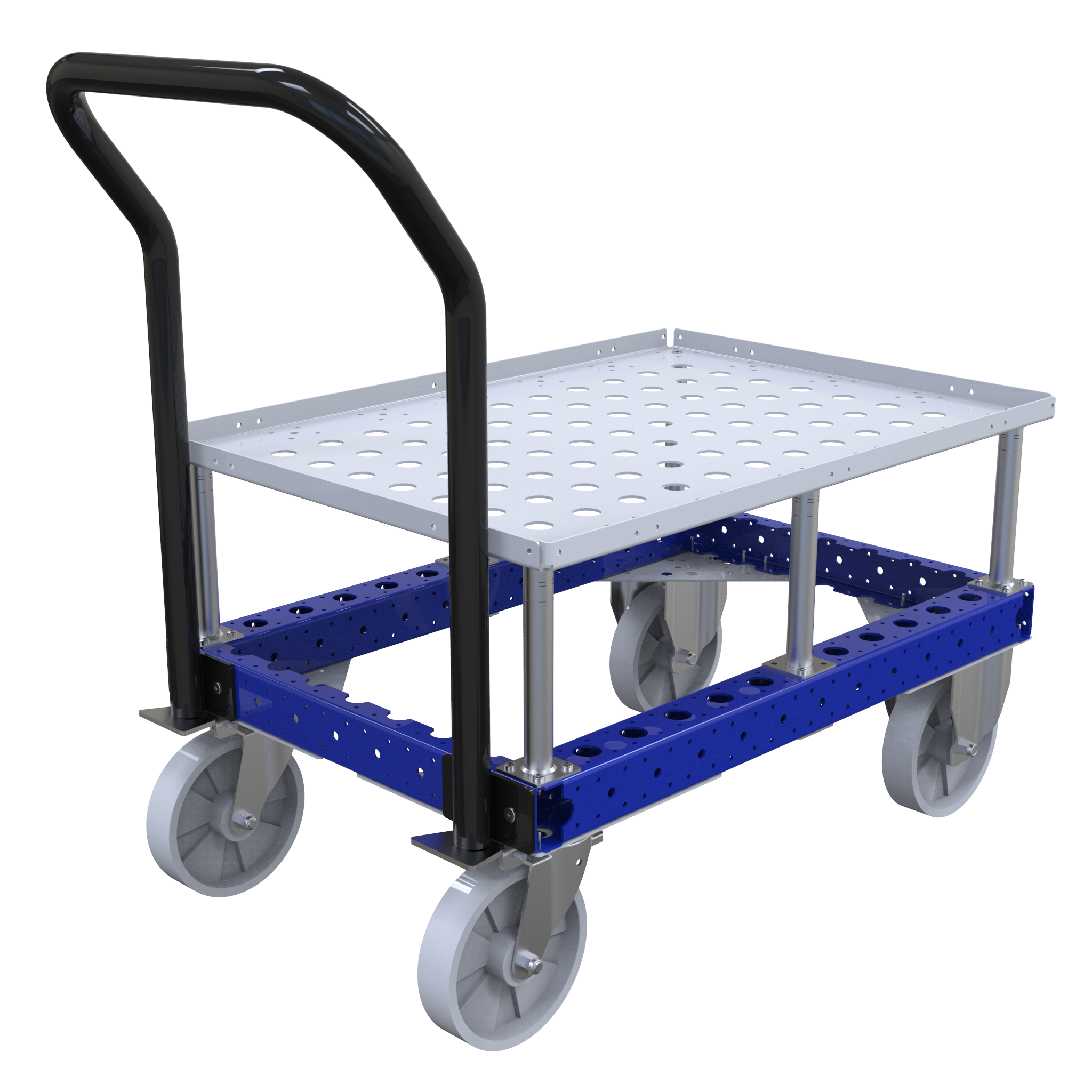 Pallet cart with a raised deck to bring the load up to an ergonomic picking height.