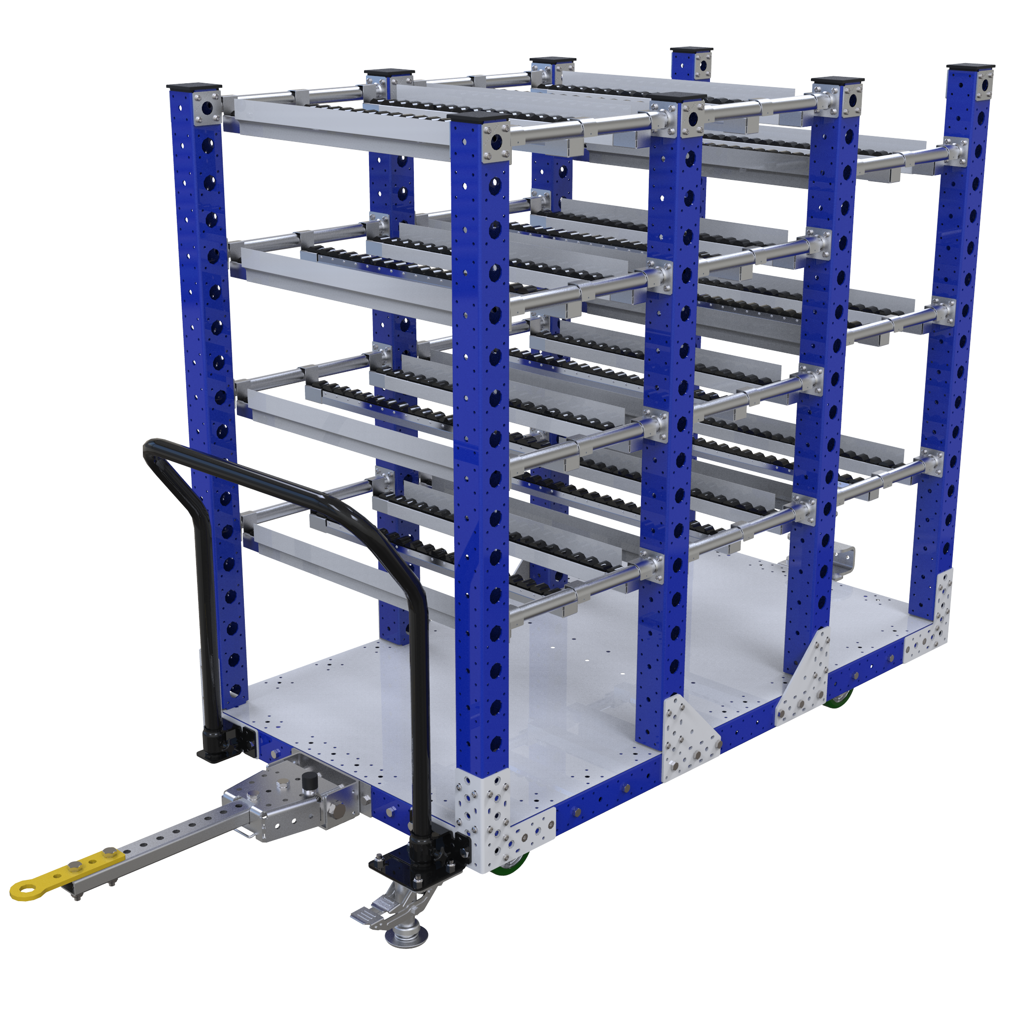 Tuggable three-section flow rack most commonly used for the line-side presentation of bins and totes.