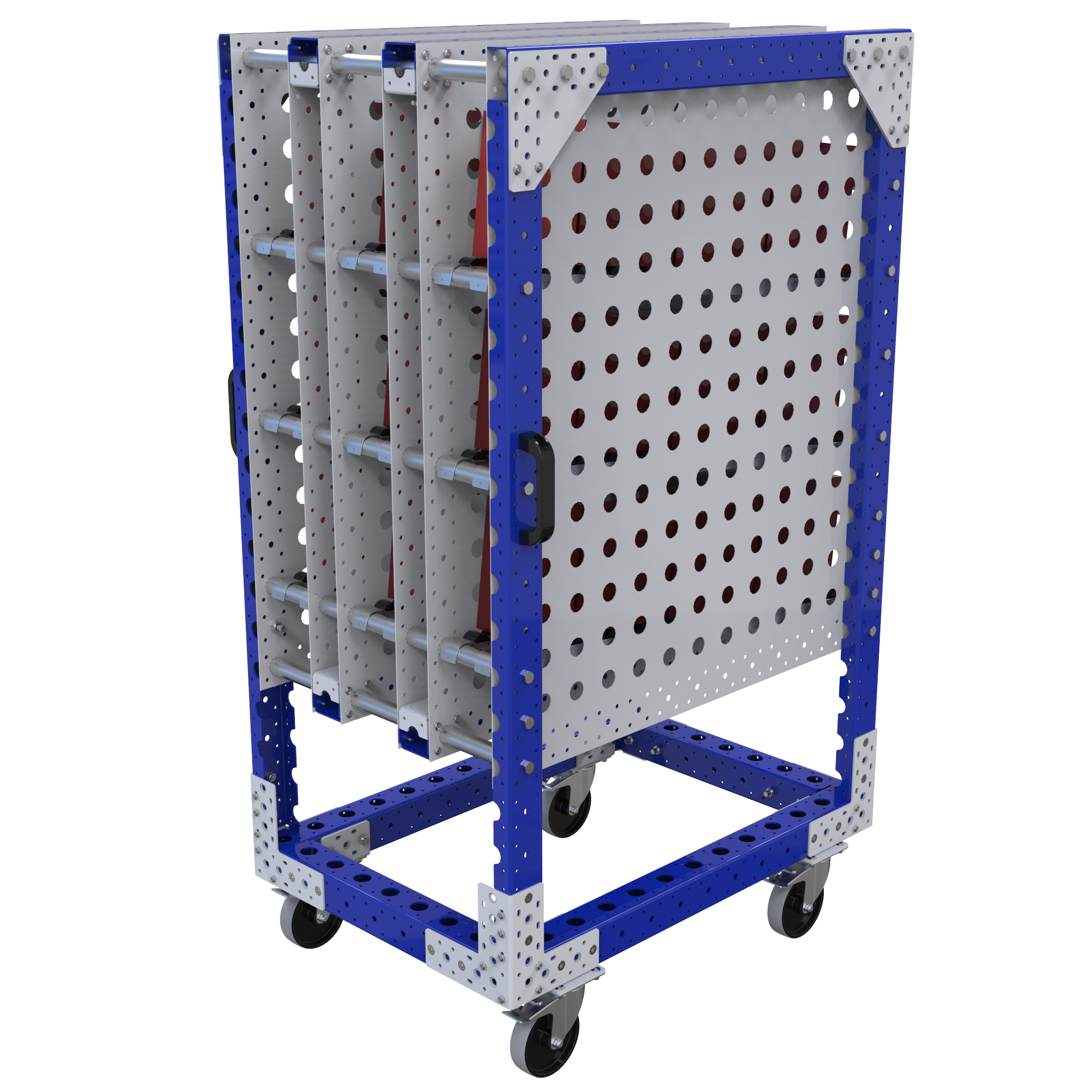 Three-level flow rack push cart.