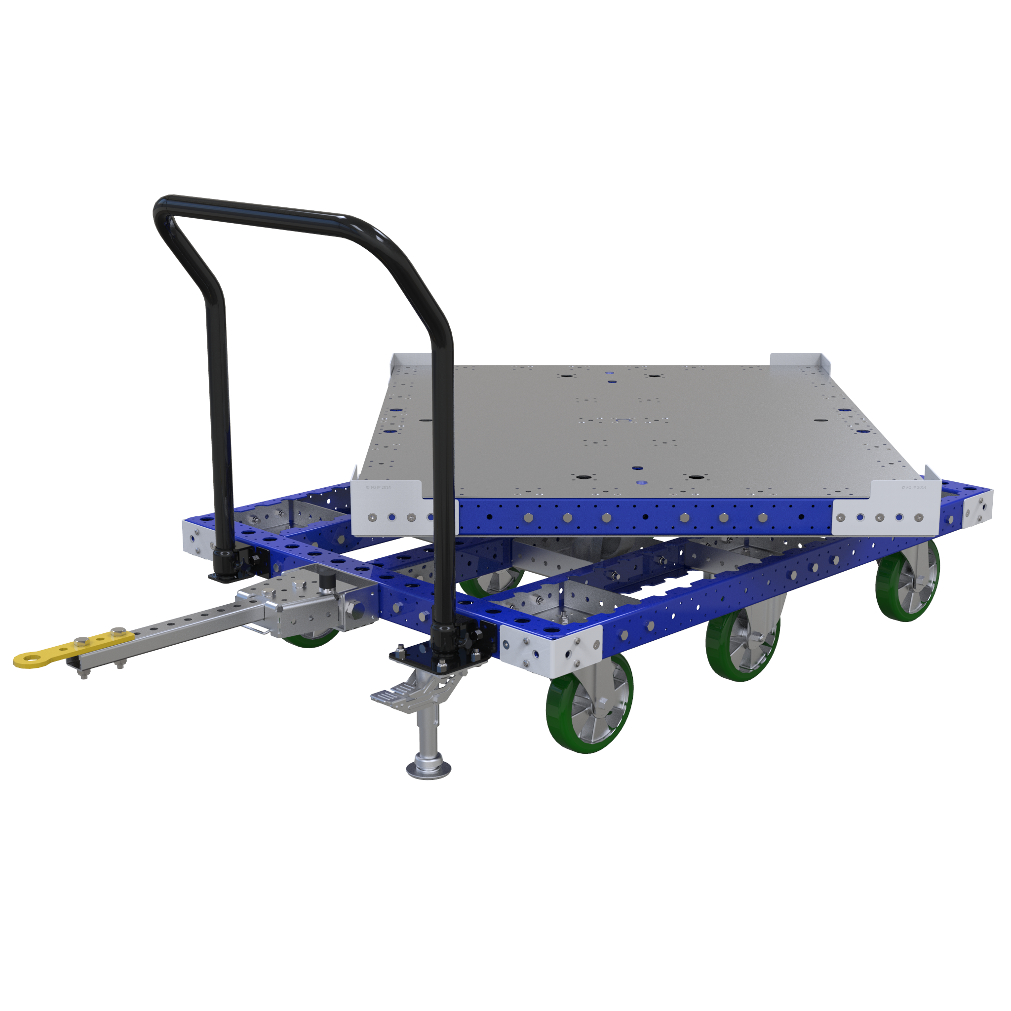 Tugger pallet cart equipped with a rotating deck that can be locked in 90-degree increments.
