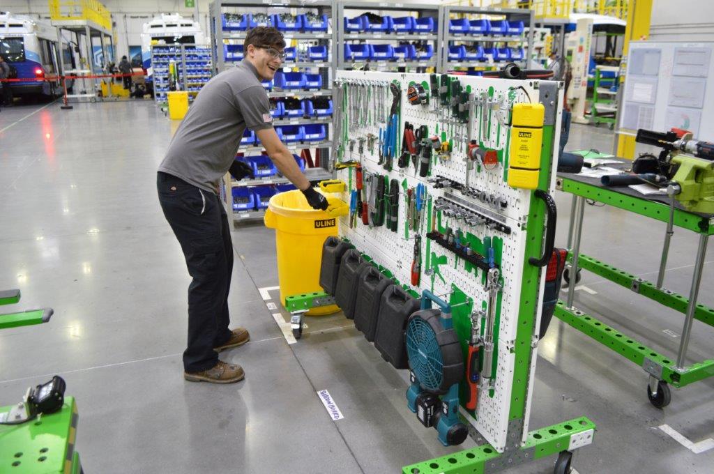 FlexQube kit carts at a bus manufacturing