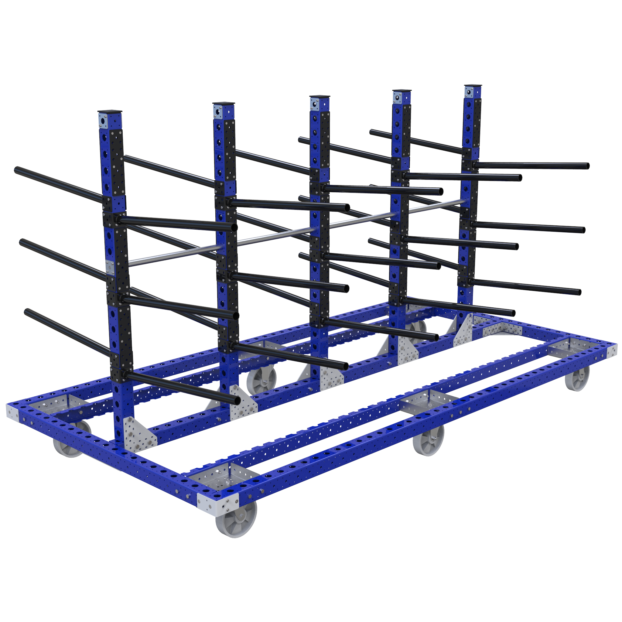 Large hanging cart designed to store and transport pipes.