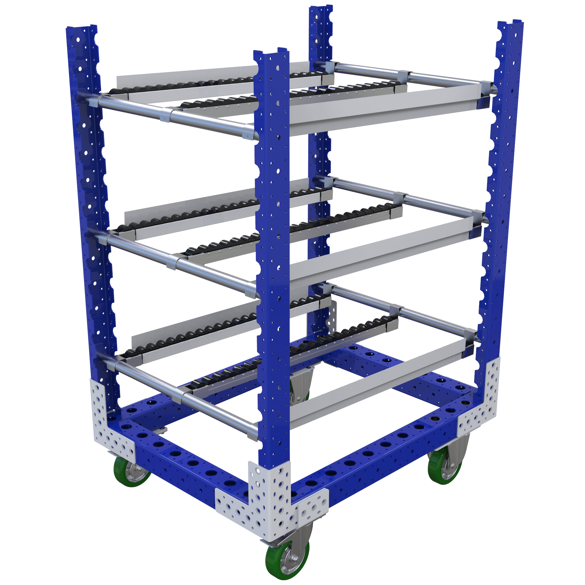 Three-level flow rack most commonly used for line-side presentation of bins and totes.