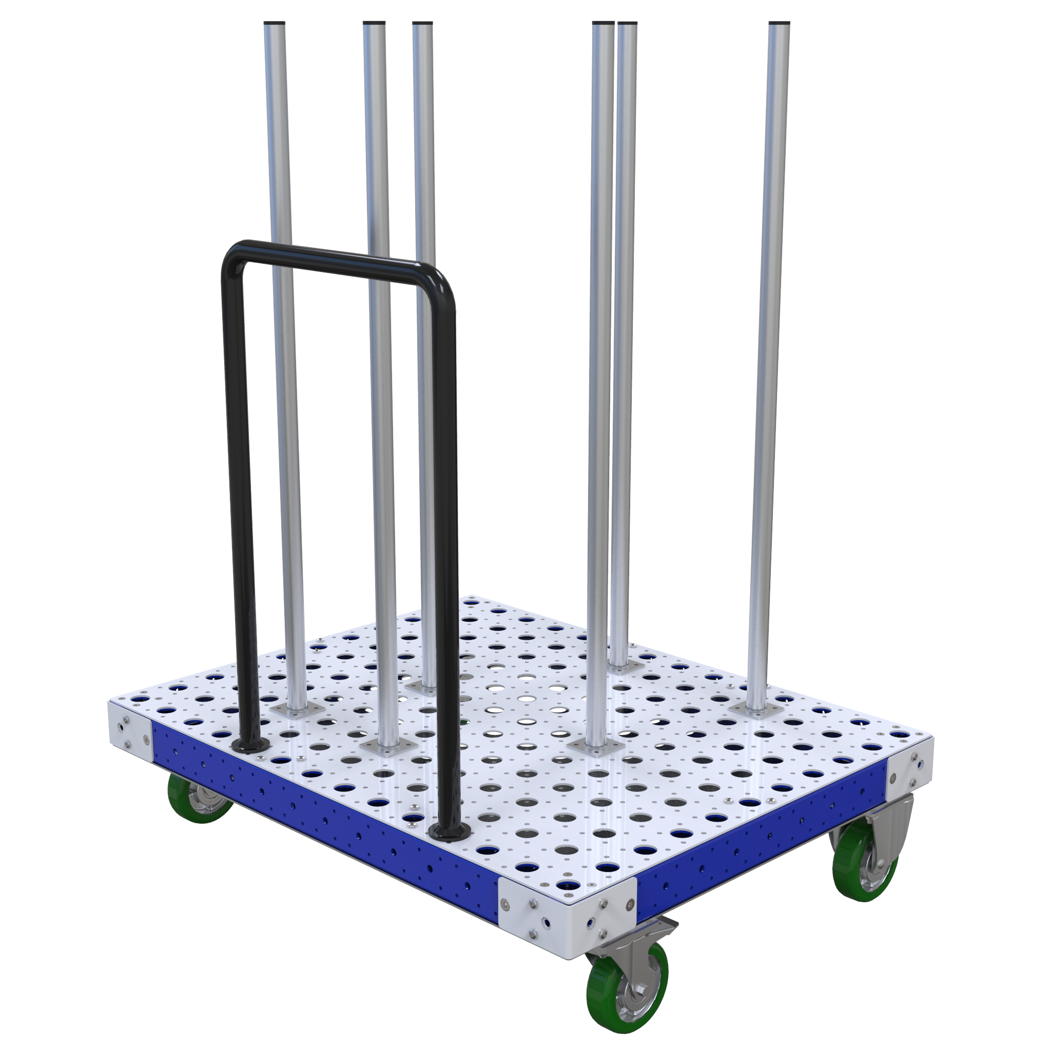 The cart is designed to stack different-sized circular components on the tubes.