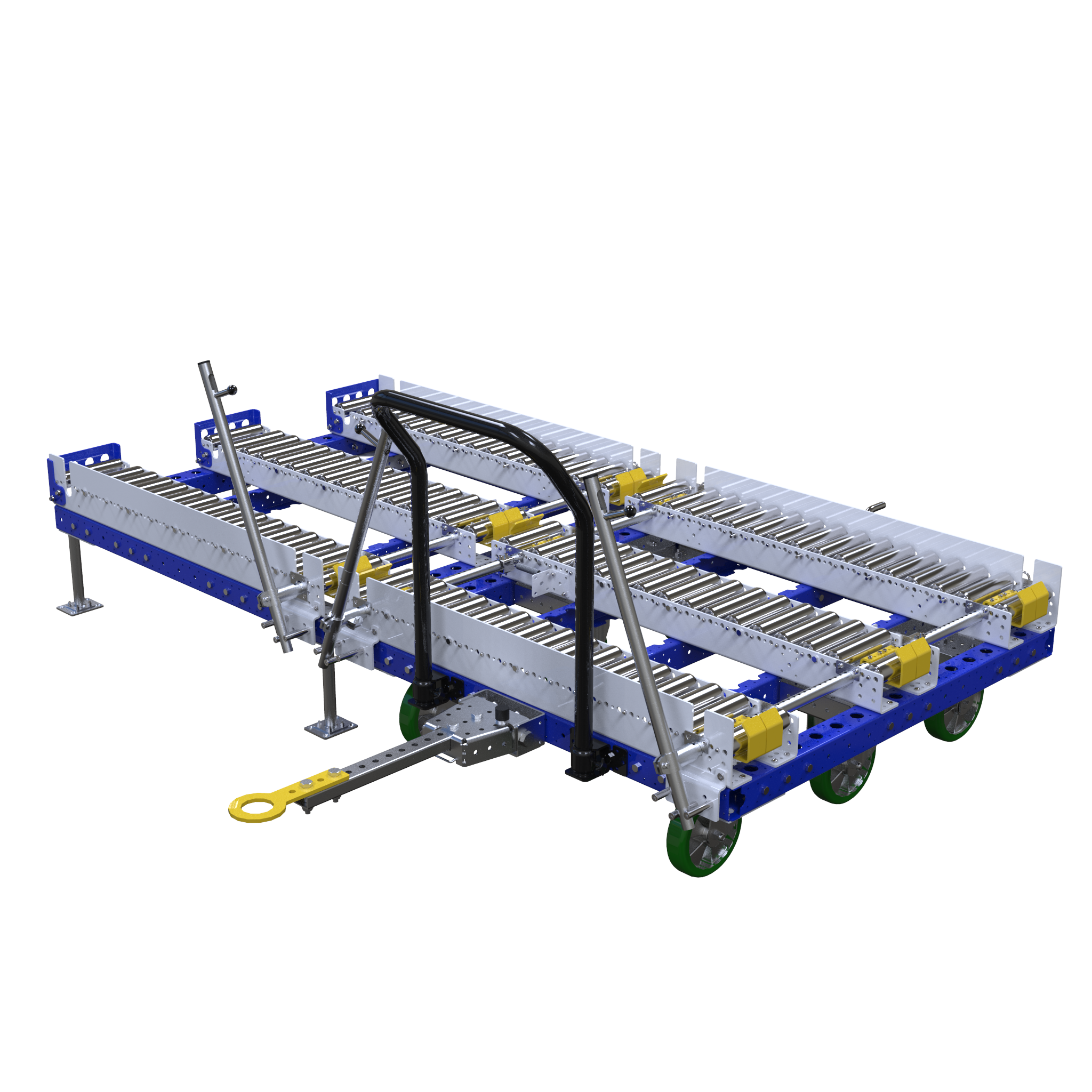 Tuggable conveyor cart for pallet transportation.