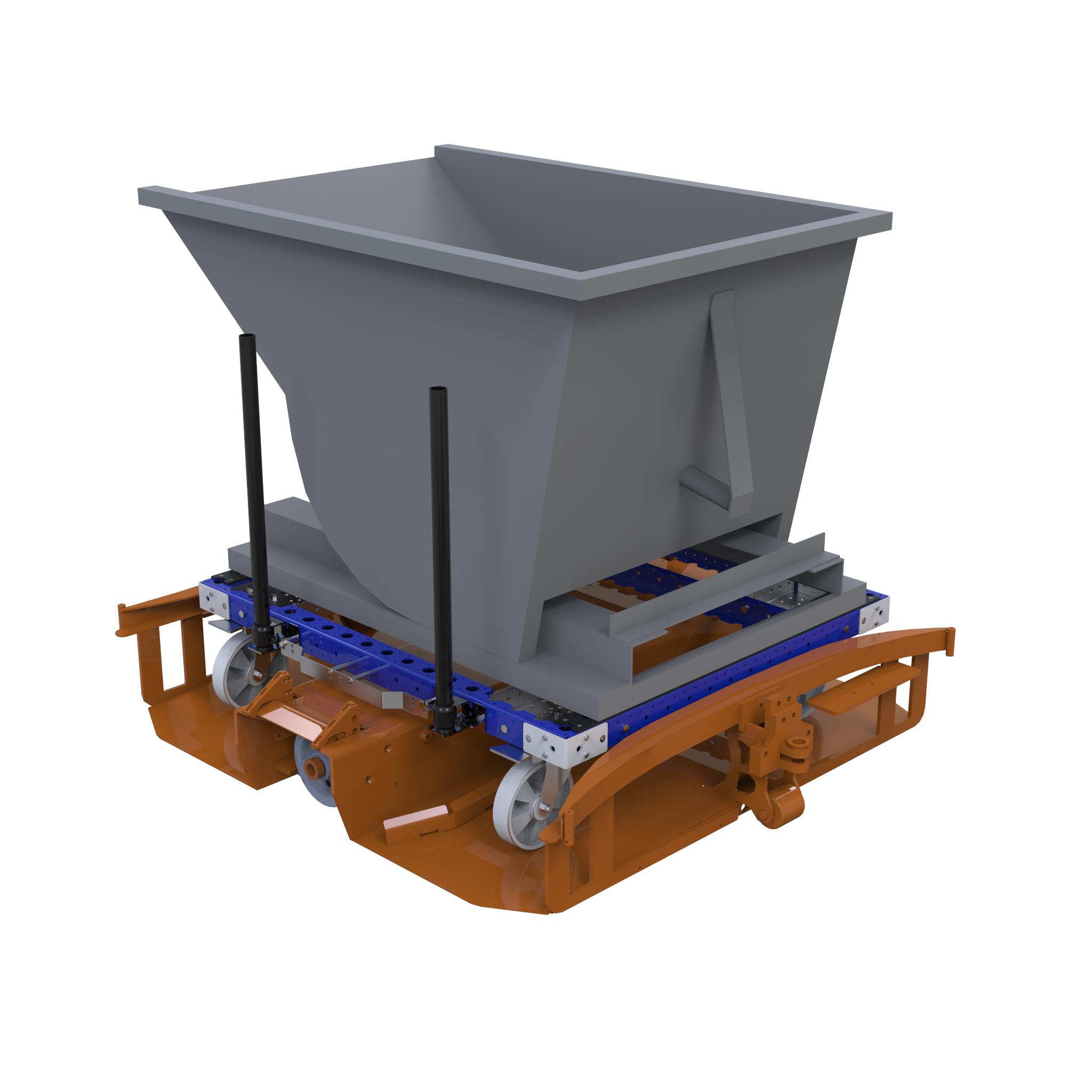 This cart was custom-designed to be used with a dump bin that bolts on to the platform.