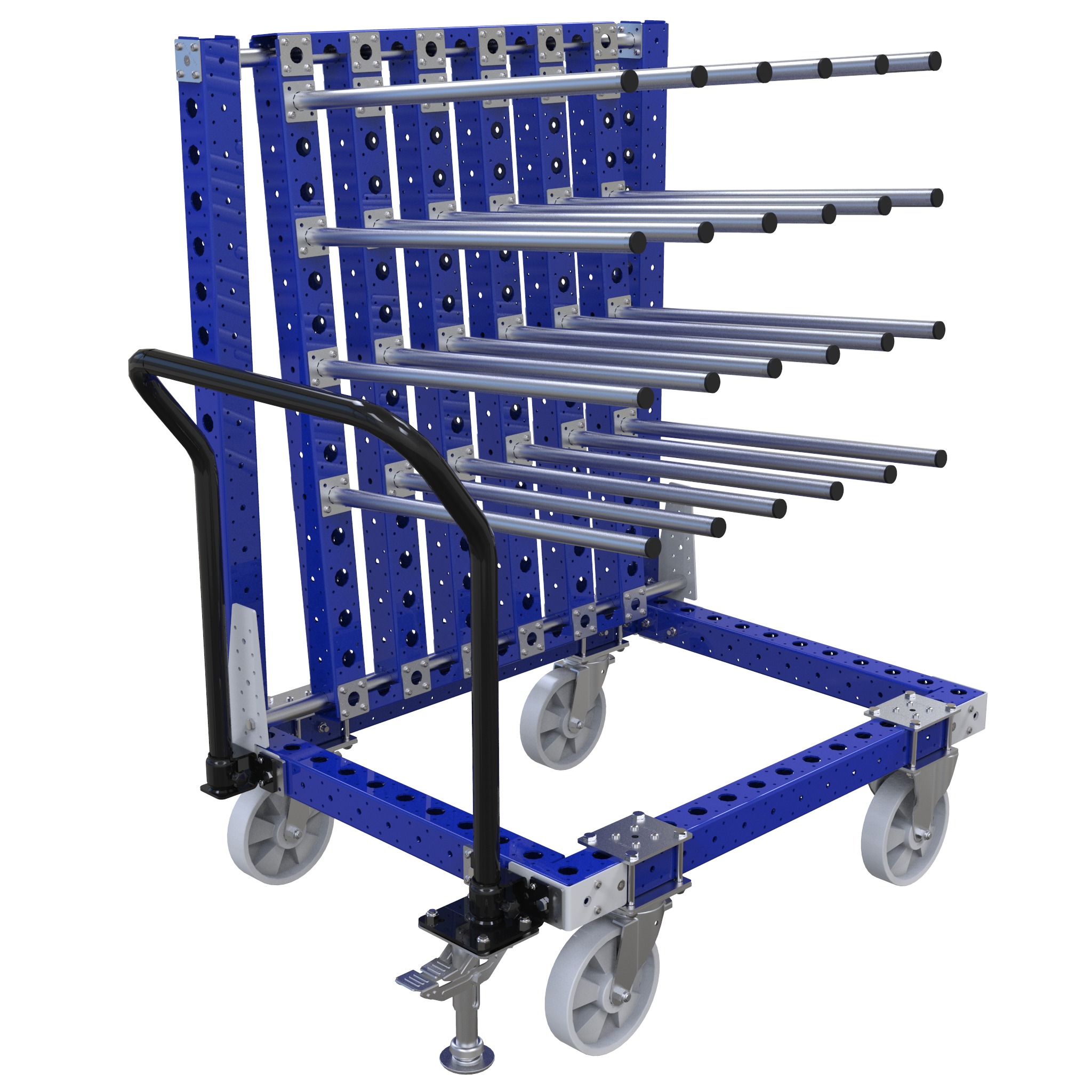 Robust hanging push cart equipped with twenty-four tube hangers attached at an angle