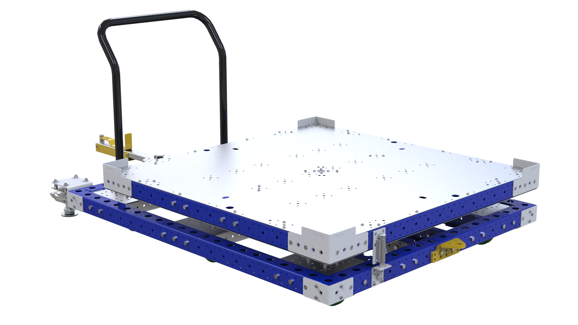 This pallet push cart comes equipped with a rotating platform.