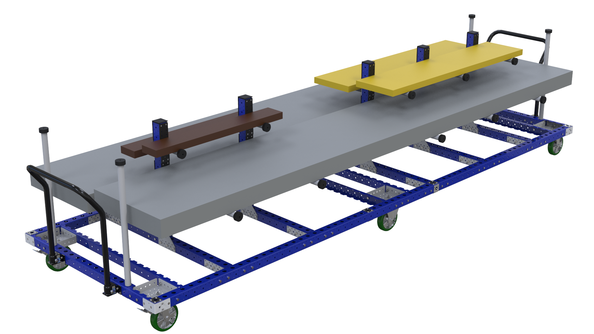 Hanging cart designed to store and transport large panels between warehouse and assembly area