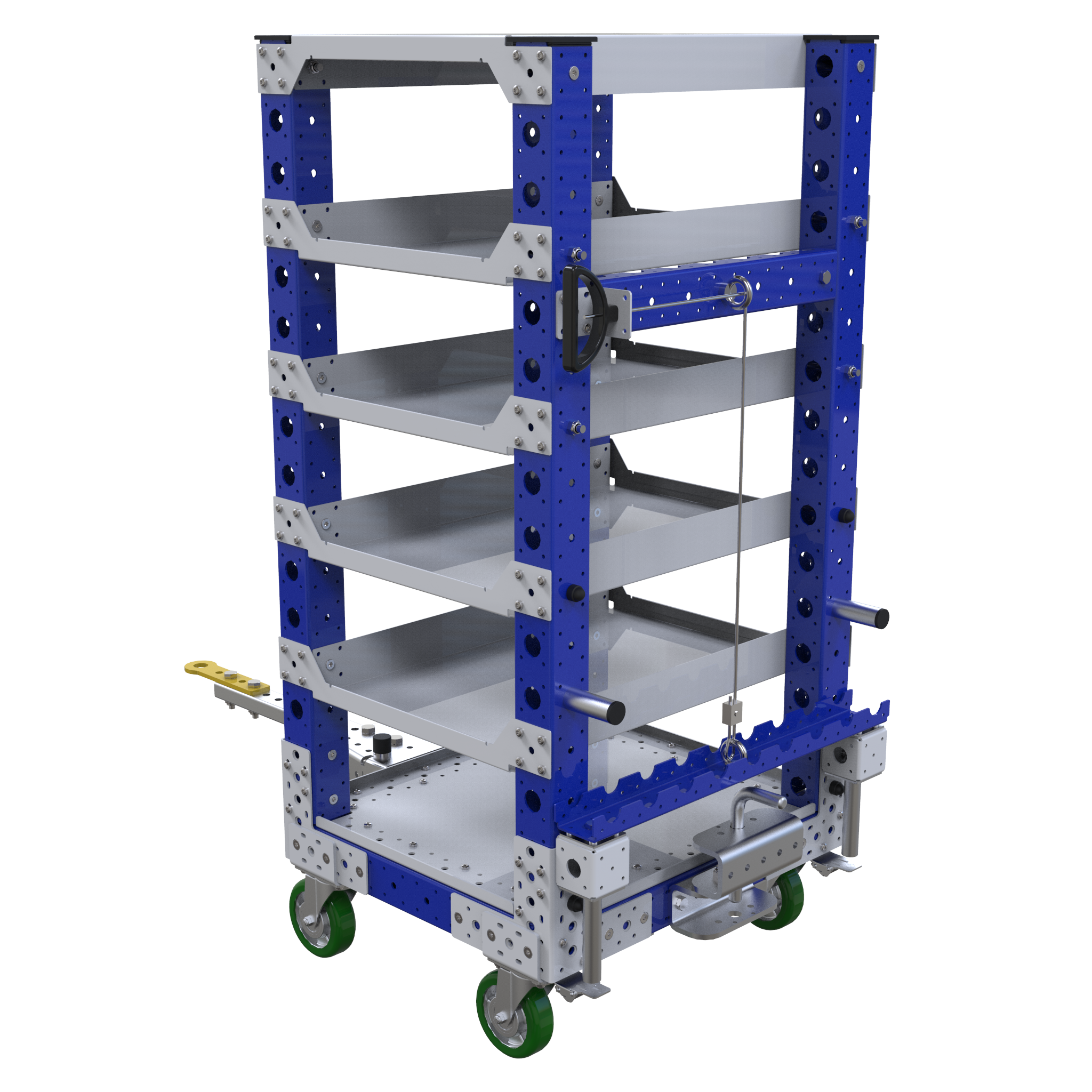 Six levels flat shelf tugger cart, most commonly used for the transportation of totes, bins, and boxes.