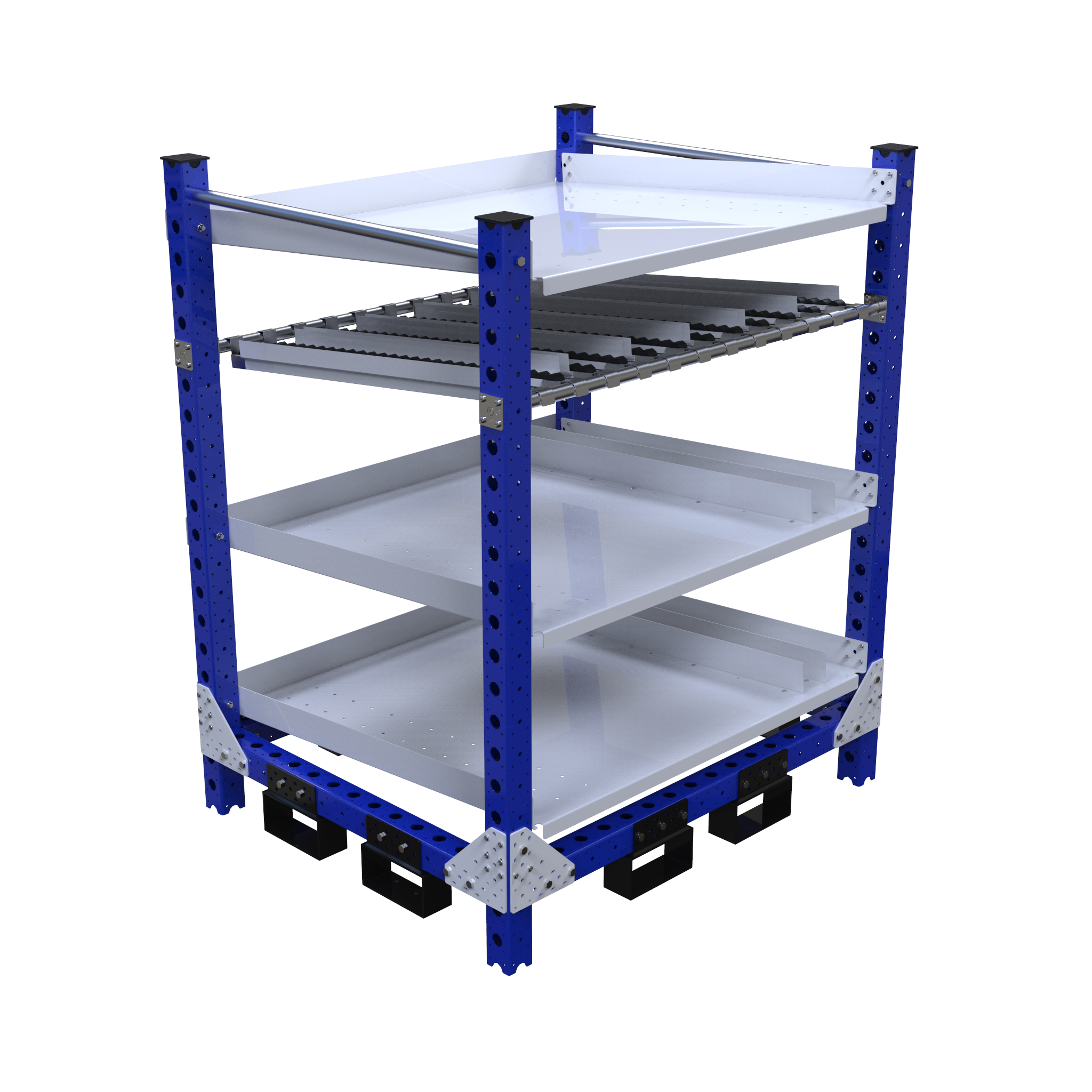 Four-level flow rack most commonly used for line-side presentation of bins and totes.